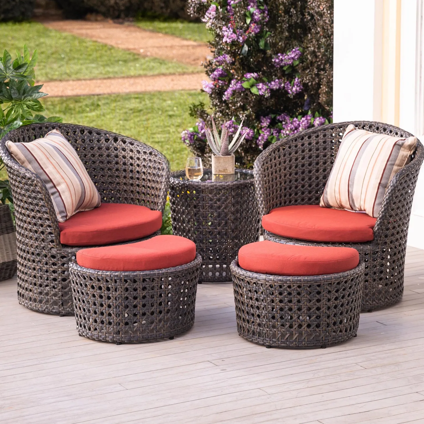 Outdoor Seating Sets>Plow & Hearth Wicker Conversation Set with Ottomans and Sunbrella Cushions, 5-Piece Set