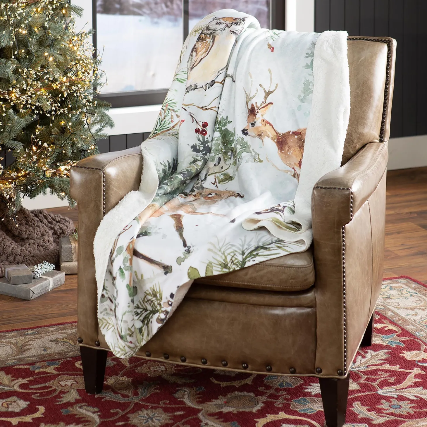 Throws & Blankets>Plow & Hearth Winter Forest Sherpa Fleece Throw