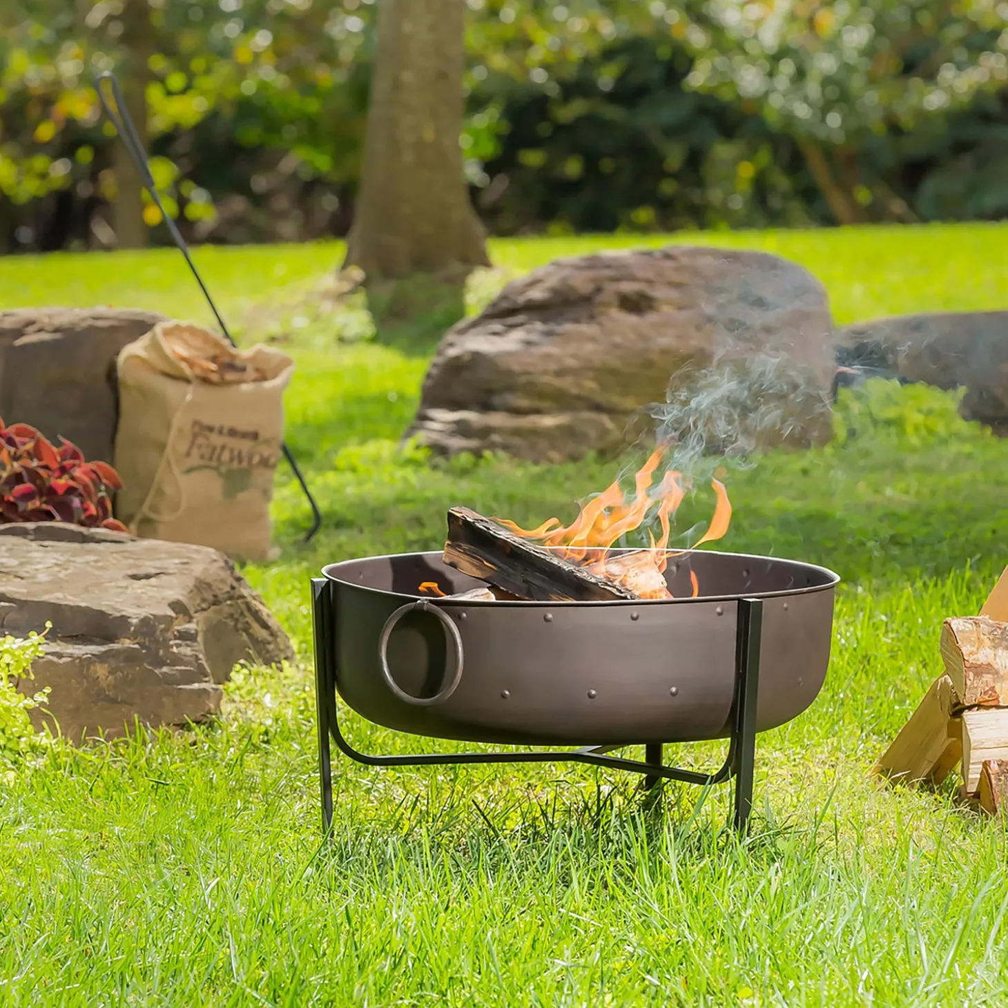 Fire Pits | Fire Pits>Plow & Hearth Wood-Burning Fire Pit Bowl with Iron Loop Handles