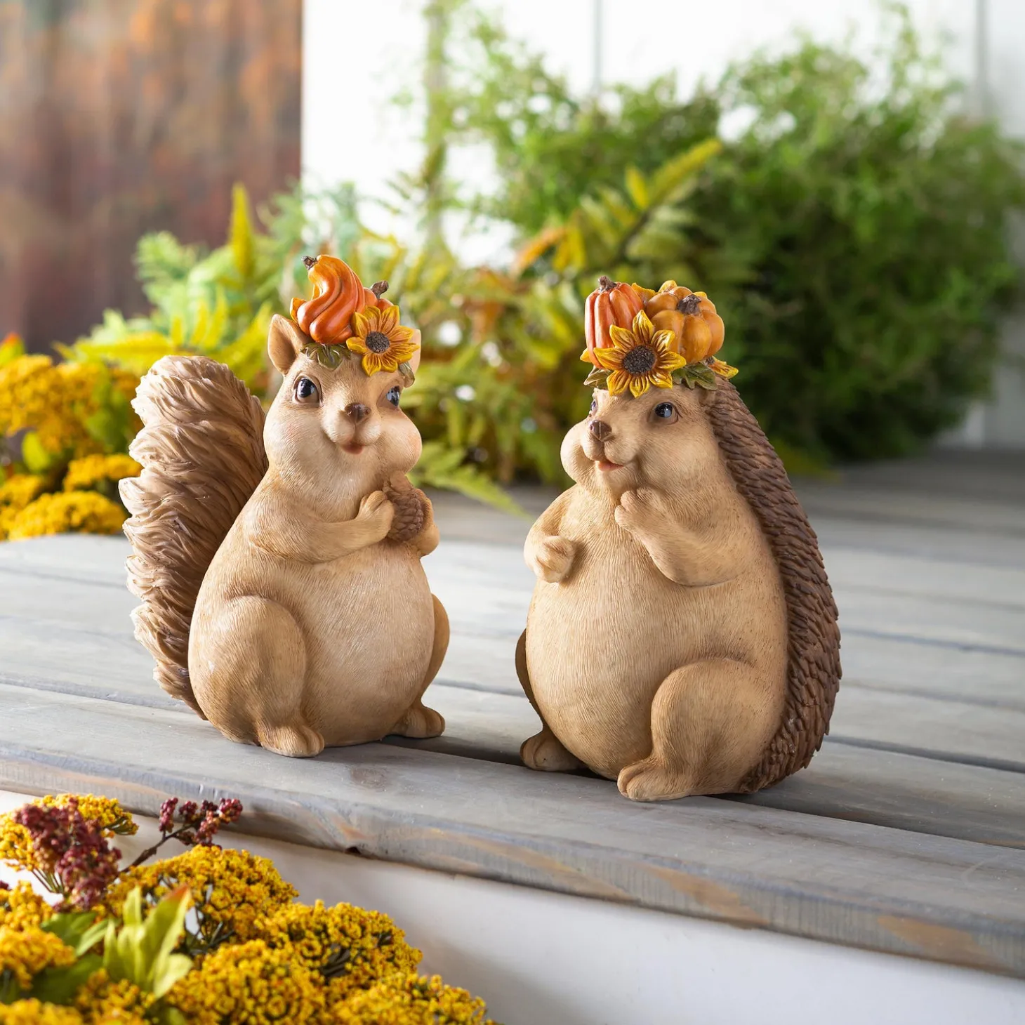 Garden Statues>Plow & Hearth Woodland Creatures with Floral Crown Statuary, Set of 2