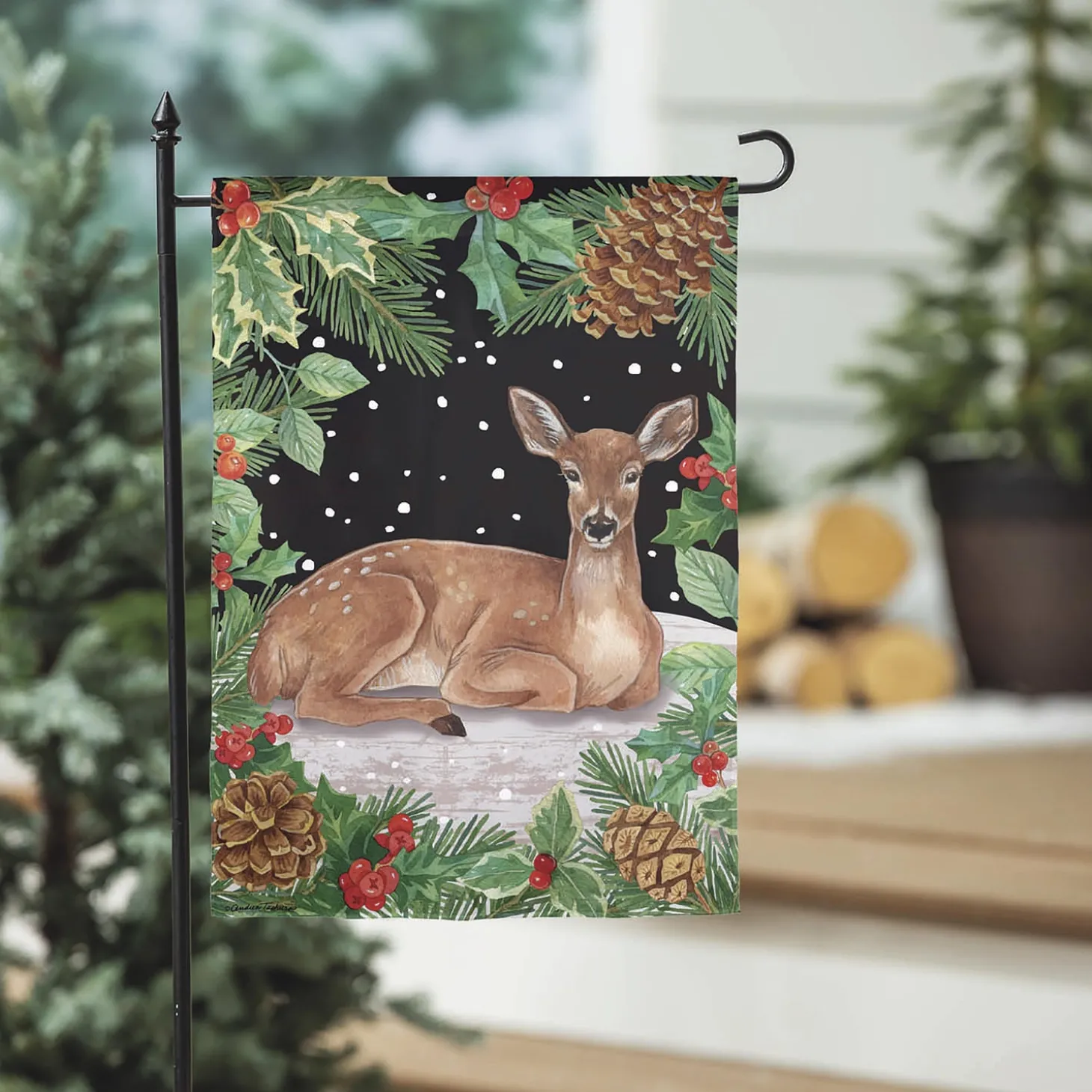 Garden Flags>Plow & Hearth Woodland Peace on Earth Deer Suede Garden Flag