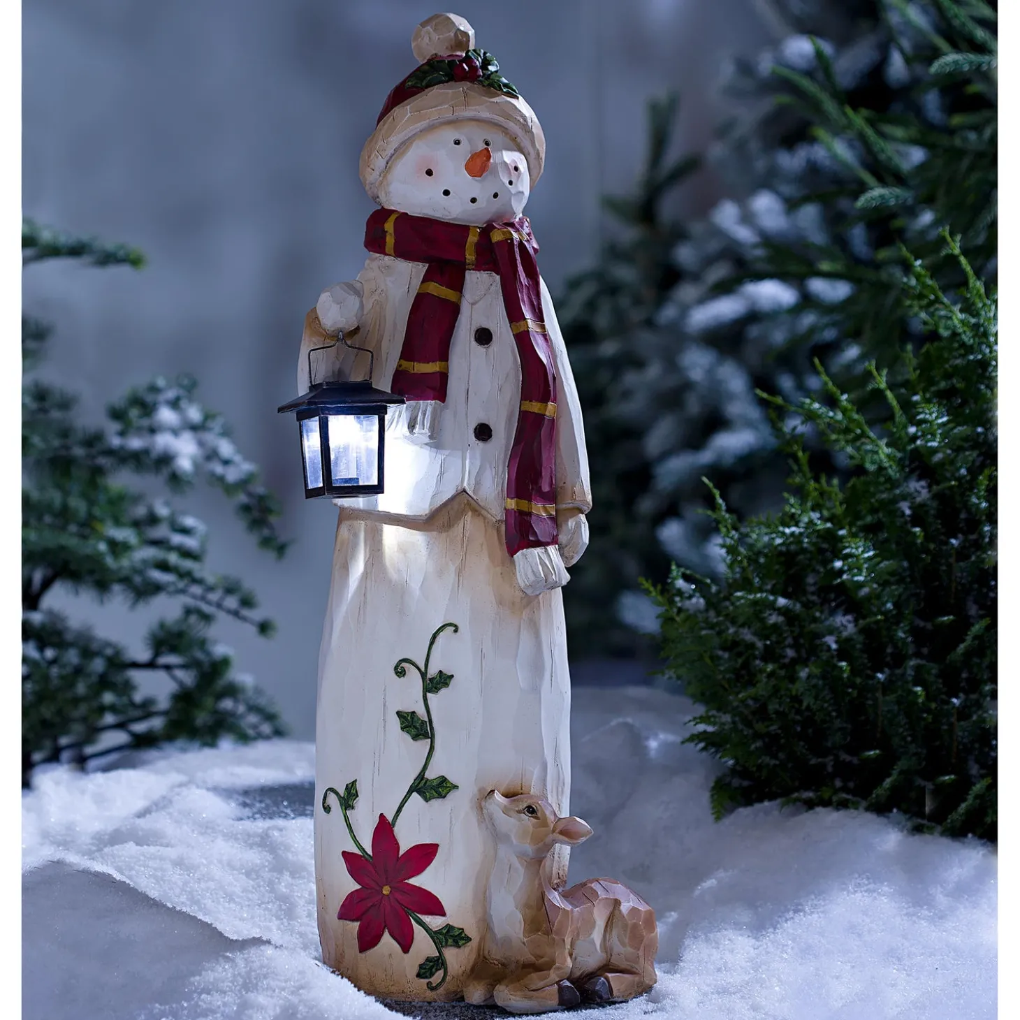 Garden Statues>Plow & Hearth Woodland Snowman with Solar Lantern