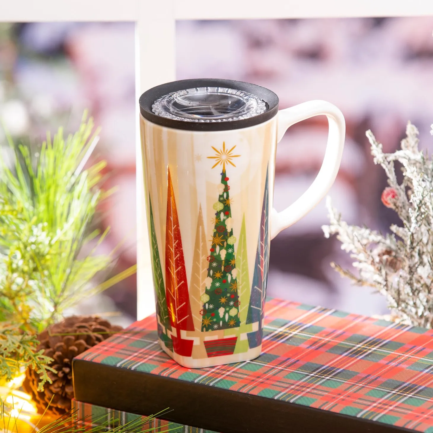 Travel Cups>Plow & Hearth Woodland Storybook Travel Cup Ceramic Perfect Cup, Christmas Woods, 17oz, Gift Box
