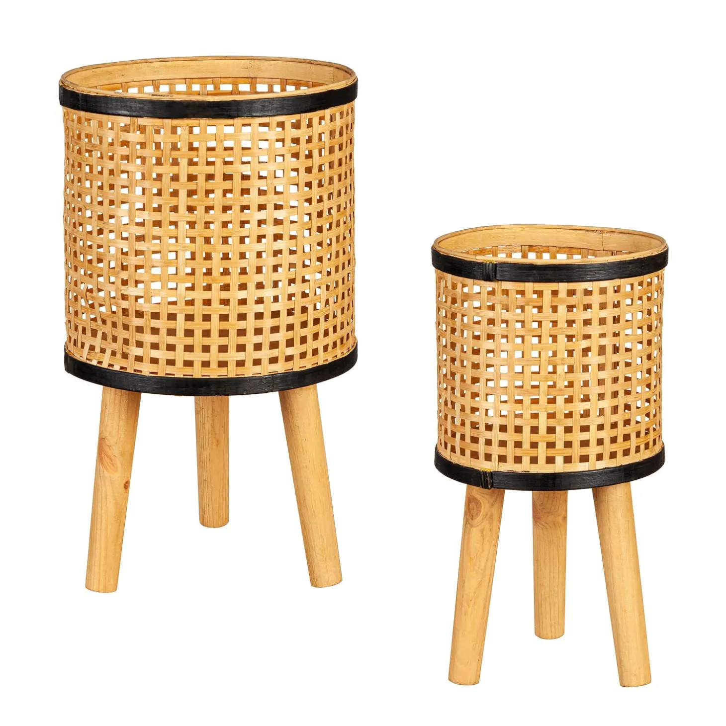 Planters & Plant Stands>Plow & Hearth Woven Bamboo and Plywood Metal Planter, Set of 2