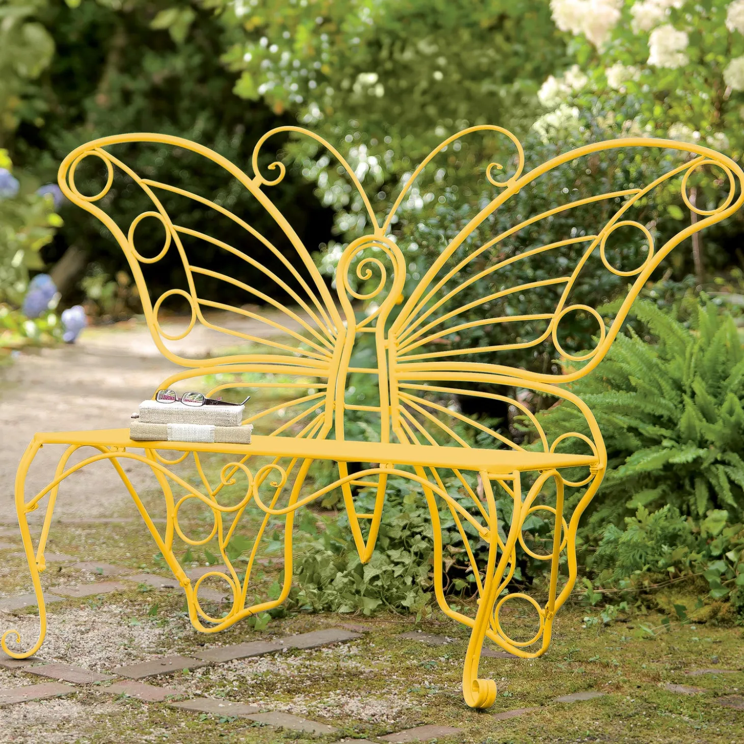 Outdoor Benches>Plow & Hearth Metal Butterfly Garden Bench Yellow